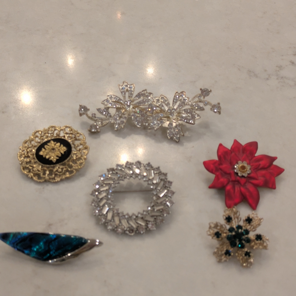 Gold and Silver Floral Brooch Collection Set Of 6